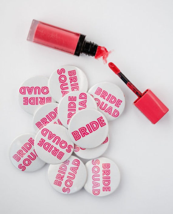 Bride Squad badges 38mm, pearlised white. Hen party, hen night, bachelorette party
