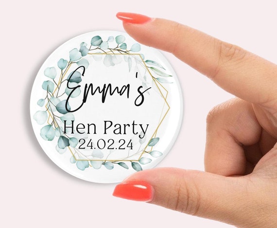 Personalised Hen party badges. leaf print 58mm