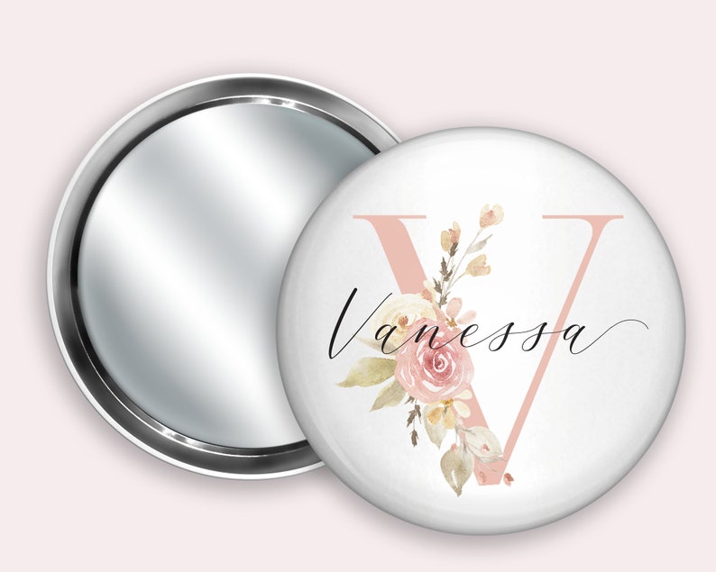 Initial Personalised Pocket Mirror 58mm in size. handheld mirror, Compact mirror, christmas gift stocking filler, Secret Santa Gift Rose gold