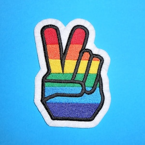 Gay Rainbow LGBTQ+ Peace Hand peace patch Sew, Iron on, Hook or Hook & Loop  Embroidered Patch