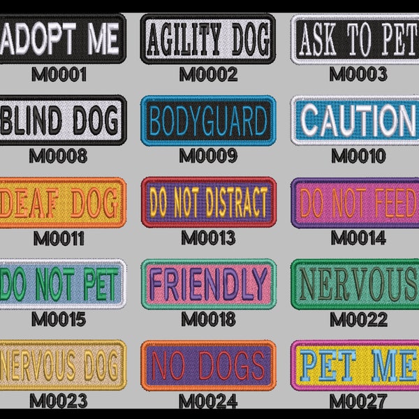 10cm Sew, Iron on, Hook or Hook & Loop Embroidered Dog patches with Embroidered Merrow edge in choice of fonts and colours.