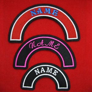 Custom made Arched Name / Phrase tag in choice of sizes, fonts and colours. Sew or Iron on Embroidered Patch