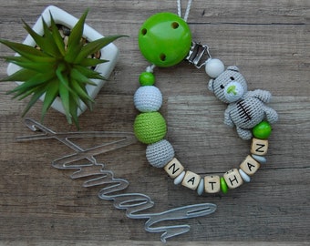 Personalized pacifier clip with teddy bear