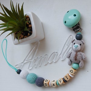 Crochet personalized pacifier clip, Teddy bear, baby boy shower gift image 1