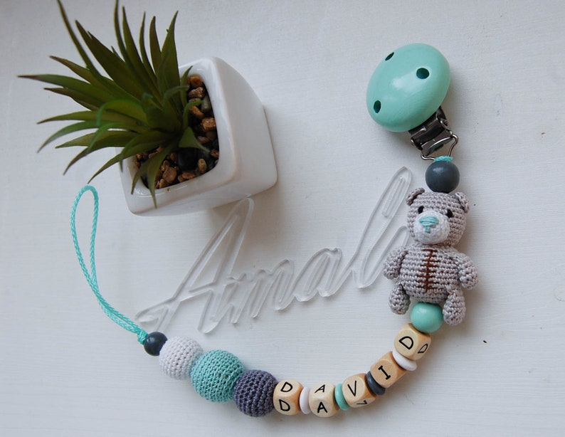 Crochet personalized pacifier clip, Teddy bear, baby boy shower gift image 1