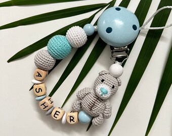 Personalized pacifier clip with teddy bear