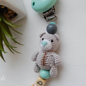 Crochet personalized pacifier clip, Teddy bear, baby boy shower gift image 5