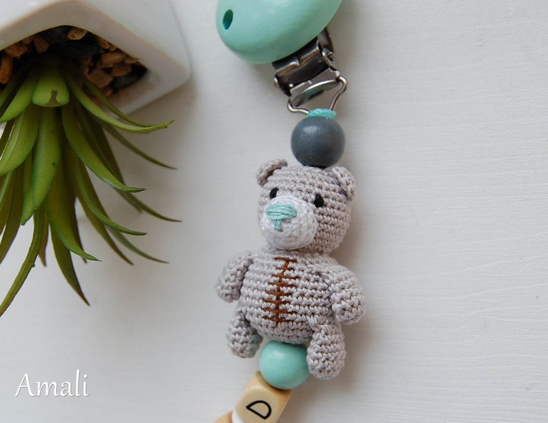 Crochet personalized pacifier clip, Teddy bear, baby boy shower gift image 5