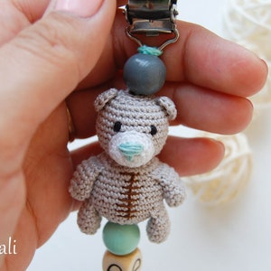 Crochet personalized pacifier clip, Teddy bear, baby boy shower gift image 3