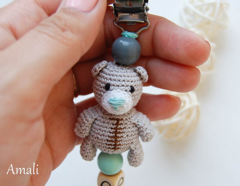 Crochet personalized pacifier clip, Teddy bear, baby boy shower gift image 3