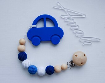 Crochet wooden pacifier clip with silicone toy