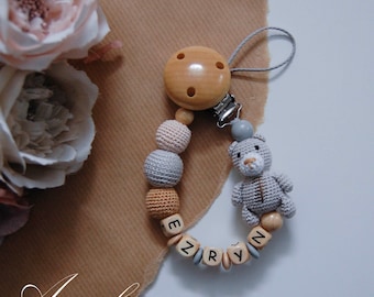 Personalized pacifier clip with teddy bear