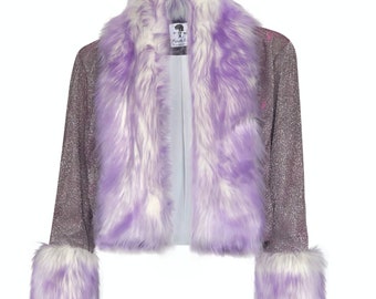 Glitter Lilac and Silver Shaggy Cropped Fur Festival Jacket | Festival Boho Outfit Party Burning Man Costume