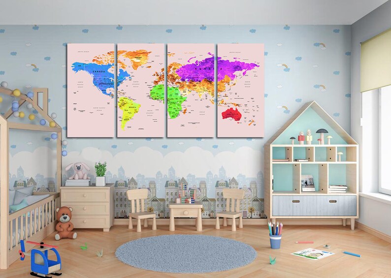 Kids world map canvas Play room world map art Nursery world map art Atlas print Continent art Travel canvas World map decor Large world map