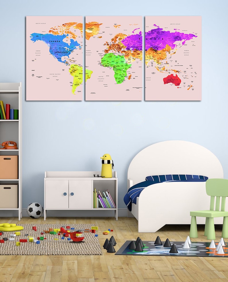 Kids world map canvas Play room world map art Nursery world map art Atlas print Continent art Travel canvas World map decor Large world map