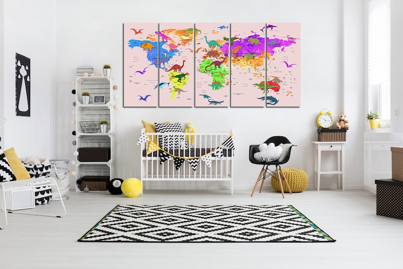 Kids world map canvas Dinosaur world map decor Nursery world map art Atlas print Continent art Travel canvas World map decor Large world map