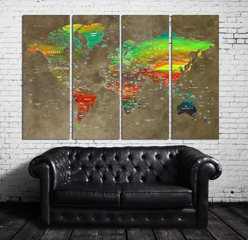 Push pin travel map. Push pin world map canvas set for wall decoration