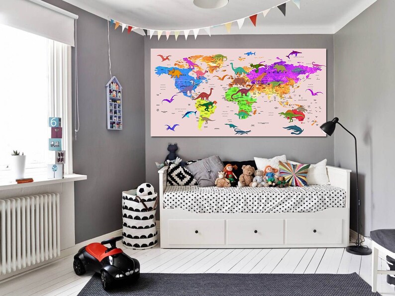 Kids world map canvas Dinosaur world map decor Nursery world map art Atlas print Continent art Travel canvas World map decor Large world map