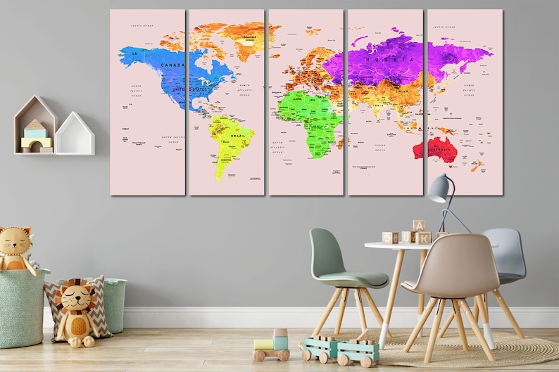 Kids world map canvas Play room world map art Nursery world map art Atlas print Continent art Travel canvas World map decor Large world map