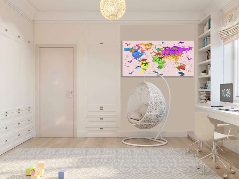 Kids world map canvas Dinosaur world map decor Nursery world map art Atlas print Continent art Travel canvas World map decor Large world map