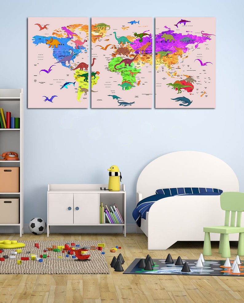 Kids world map canvas Dinosaur world map decor Nursery world map art Atlas print Continent art Travel canvas World map decor Large world map