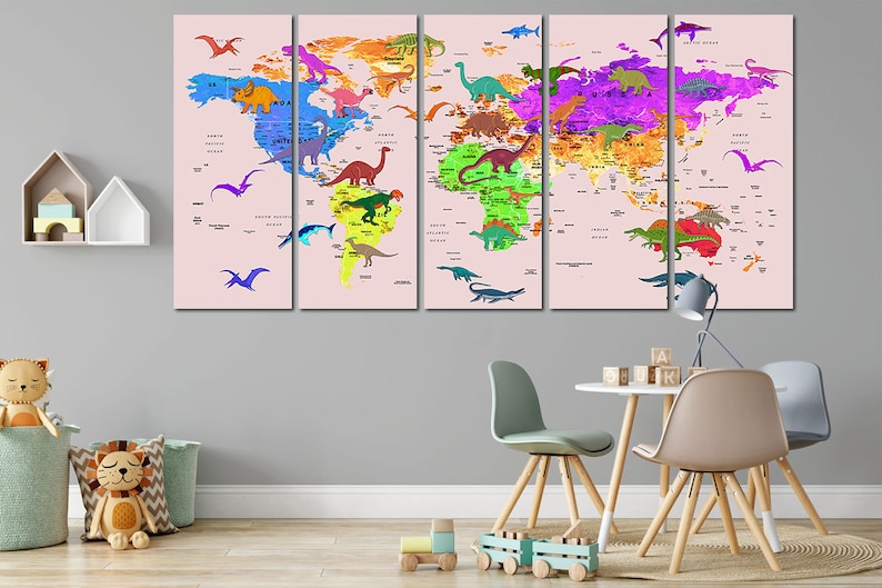 Kids world map canvas Dinosaur world map decor Nursery world map art Atlas print Continent art Travel canvas World map decor Large world map