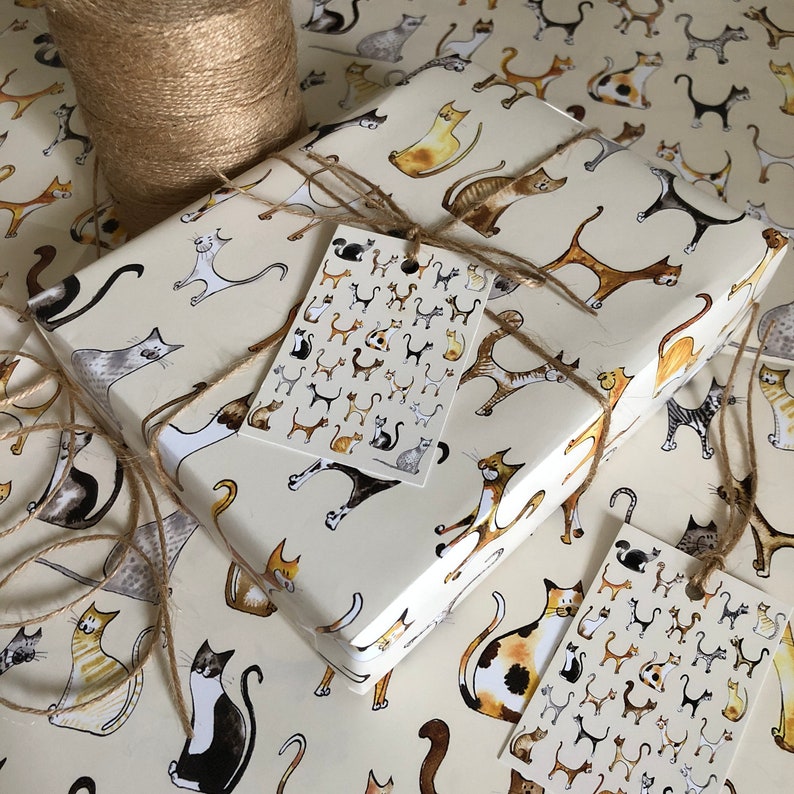 Cat wrapping paper, cat gift wrap, gift for cat lover, cat illustration, hand drawn in pen & ink by Illustration by Abi image 2