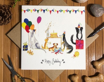 Dog birthday card, birthday card, dog illustration, hand drawn in pen & ink by Illustration by Abi