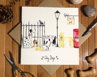 Dog greeting card, city dog card, dog illustration, hand drawn in pen & ink by Illustration by Abi