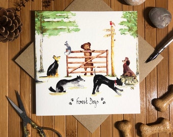 Dog greeting card, forest dog card, dog illustration, hand drawn in pen & ink by Illustration by Abi