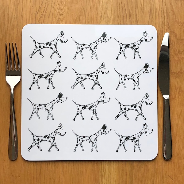 Kitchen placemats, table mats, set of placemats, Dalmatian dog placemats, spotty dog placemats, dog illustration,