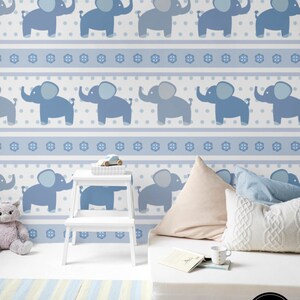 Elefante carta da parati per bambini, simpatici animali arte della parete della camera da letto dei bambini, decorazioni per la cameretta dei bambini e neonati, murale rimovibile per sala giochi con animali a tema blu