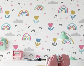 Rainbow Nursery Wallpaper, Nursery Wallpaper, Childrens Nursery Wallpaper, Nursery Floral Wallpaper, Removable Wallpaper Nursery N#81