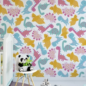 Papier peint dinosaure, mural mural amovible pour enfants pépinière, papier peint de pépinière personnalisé, décor de pépinière à thème dinosaure, fond d’écran de chambre pour enfants n # 270