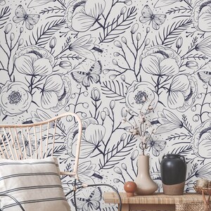 Fond d'écran floral amovible, bâton temporaire activé par l'eau sur le décor mural floral de papier peint, papier peint amovible floral, F #127