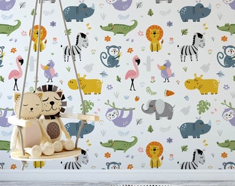 Safari Children's Wallpaper, Cute Animals Kids Bedroom Wall Art, Baby & Toddler Nursery Decor, Removable Jungle Theme Animal Playroom Mural
