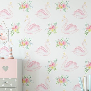 Floral Swan Wallpaper, Cute Girl&#39;s Wallpaper, Baby Girl Wallpaper, Removable Nursery Wallpaper, Swan Bedroom Decor, Watercolor N#588