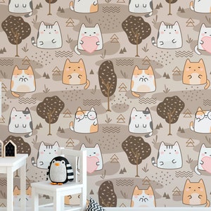 Cat Nursery Wallpaper, Removable Wall Mural Nursery, Custom Nursery Wallpaper, Kids Room Wallpaper, Animal Nursery Decor, Kids Room N#731
