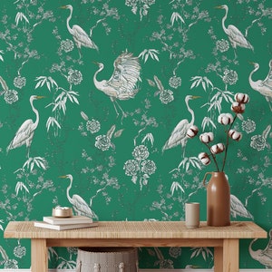 Chinoiserie Wallpaper, Removable Heron Wallpaper, Recycled Water Activated Adhesive Wallpaper, Asian Art Removable Wallpaper Decor, AS#29
