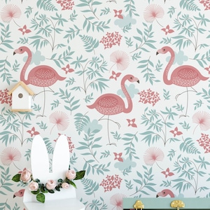 Flamingo Nursery Wallpaper, Nursery Wallpaper, Childrens Nursery Wallpaper, Nursery Floral Wallpaper, Removable Wallpaper Nursery, N164 image 1