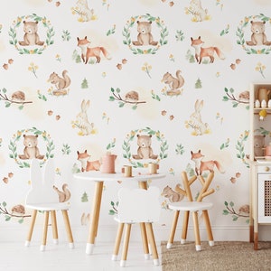 Woodland Nursery Wallpaper, Removable Nursery Wallpaper Temporary Wallpaper Childrens Nursery , Childrens Removable Wallpaper, N#510