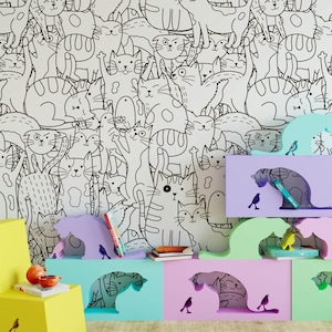 Cat Nursery Wallpaper, Removable Wall Mural Nursery, Custom Nursery Wallpaper, Kids Room Wallpaper, Animal Nursery Decor, Kids Room N#574