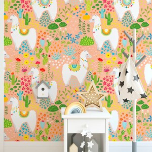 Llama Nursery Wallpaper, Removable Wall Mural Nursery, Custom Nursery Wallpaper, Kids Room Wallpaper, Cactus Nursery Decor, Kids Room N#651