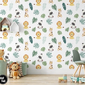 Safari Children&#39;s Wallpaper, Cute Animals Kids Bedroom Wall Art, Baby & Toddler Nursery Decor, Removable Jungle Theme Animal Playroom Mural