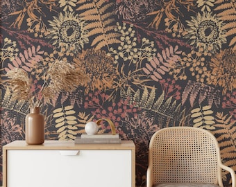 Dark Floral Wallpaper, Water Activated Temporary Stick On Wallpaper Floral Wall Decor, Floral Removable Wallpaper, F#187