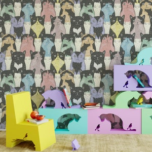 Cat Nursery Wallpaper, Removable Wall Mural Nursery, Custom Nursery Wallpaper, Kids Room Wallpaper, Animal Nursery Decor, Kids Room N#163