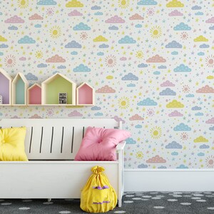 Cloud Nursery Boho Wallpaper, Boho Mural Nursery, Removable Cloud Wallpaper, Children&#39;s Nursery Wallpaper, Kid&#39;s Removable Wallpaper N#242