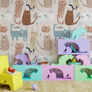 Cat Nursery Wallpaper, Removable Wall Mural Nursery, Custom Nursery Wallpaper, Kids Room Wallpaper, Animal Nursery Decor, Kids Room N#460