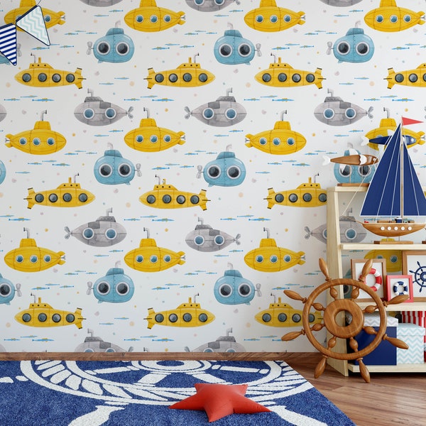Submarine Nursery Wallpaper, Yellow Submarine Removable Childrens Nursery Wallpaper, Childrens Removable Wallpaper, Nursery Wallpaper N#344