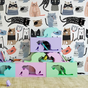 Cat Nursery Wallpaper, Removable Wall Mural Nursery, Custom Nursery Wallpaper, Kids Room Wallpaper, Animal Nursery Decor, Kids Room N#496